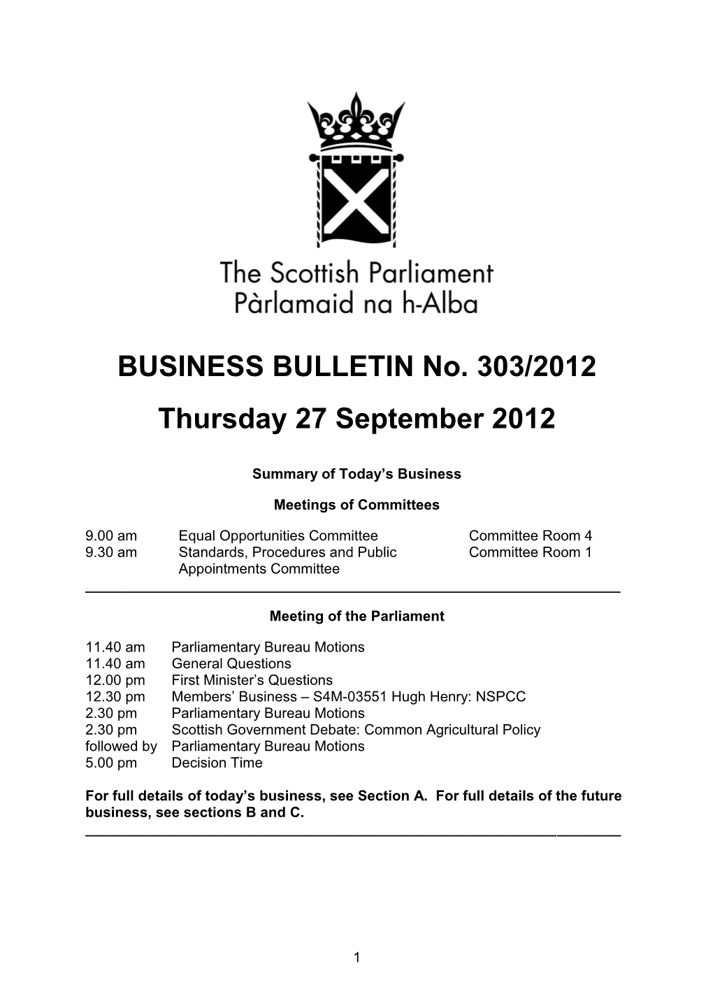 BUSINESS BULLETIN No. 303/2012 Thursday 27 September 2012