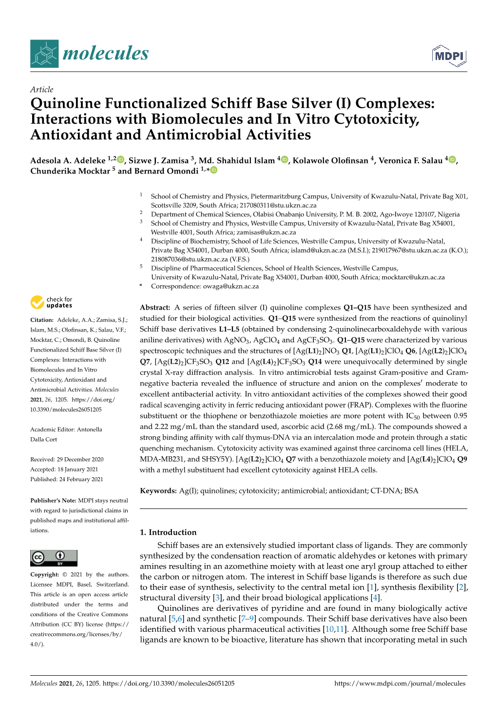 (I) Complexes: Interactions with Biomolecules and in Vitro Cytotoxicity, Antioxidant and Antimicrobial Activities