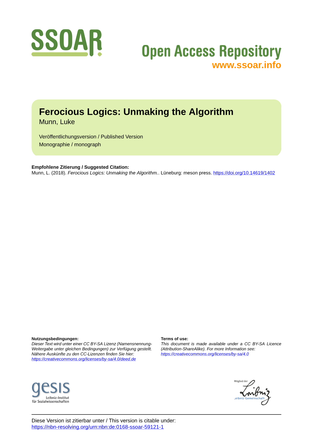 Ferocious Logics: Unmaking the Algorithm Munn, Luke