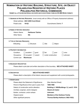 Nomination of Historic Building, Structure, Site, Or Object