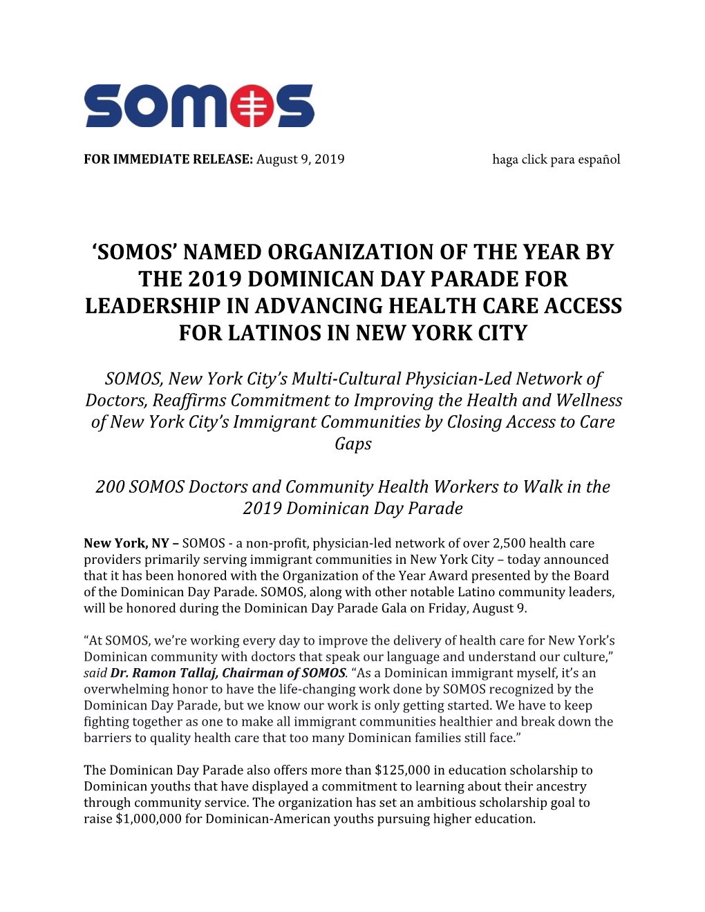 'Somos' Named Organization of the Year by the 2019 Dominican Day Parade for Leadership in Advancing Health Care Access Fo