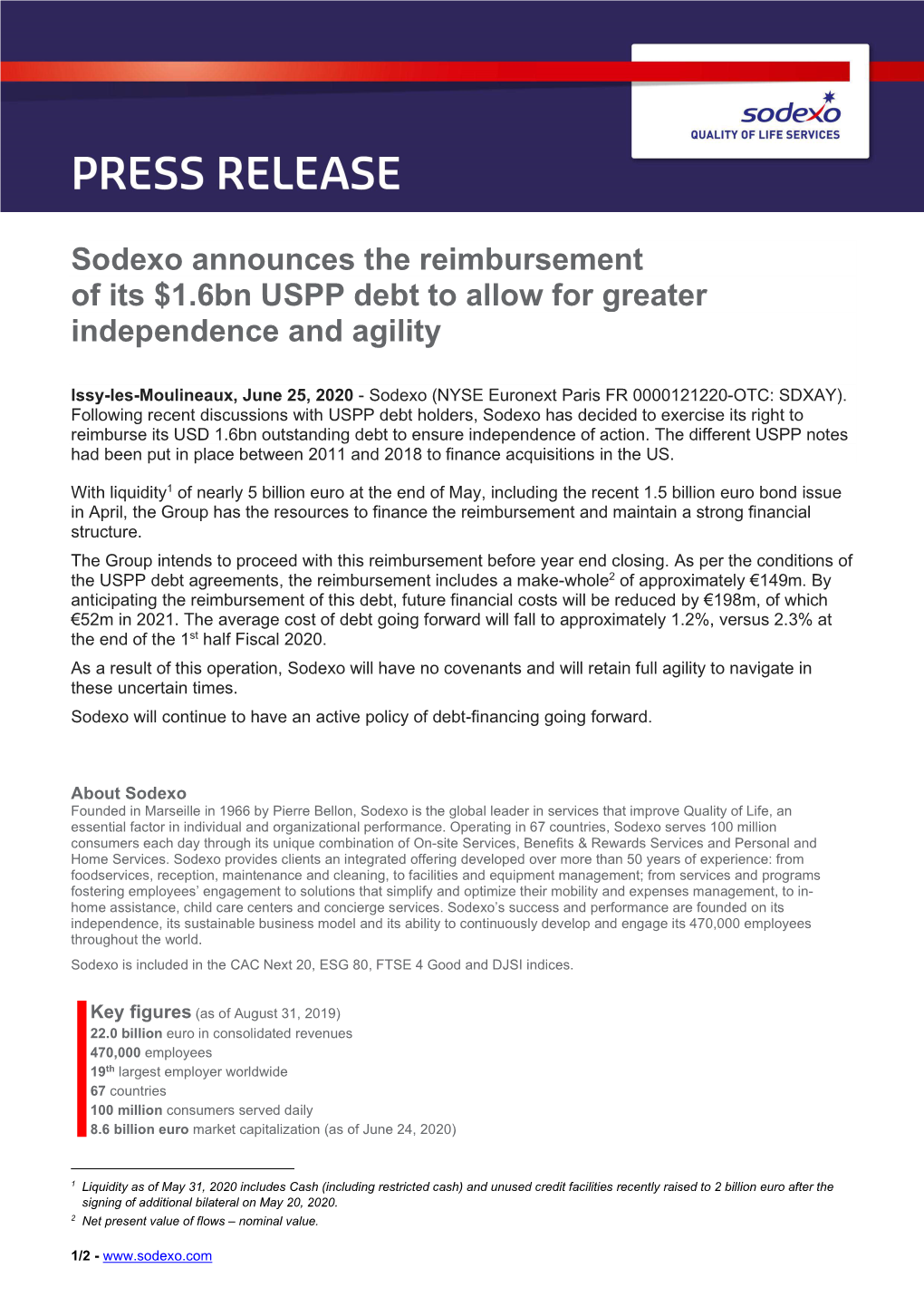 Sodexo Announces the Reimbursement of Its $1.6Bn USPP Debt to Allow for Greater Independence and Agility