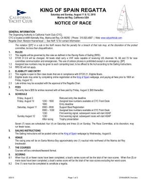 KING of SPAIN REGATTA Saturday and Sunday, August 11 & 12, 2018 Marina Del Rey, California USA NOTICE of RACE