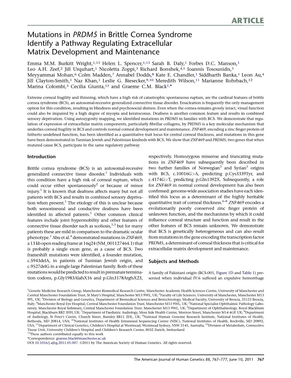 Mutations in PRDM5 in Brittle Cornea Syndrome Identify a Pathway Regulating Extracellular Matrix Development and Maintenance