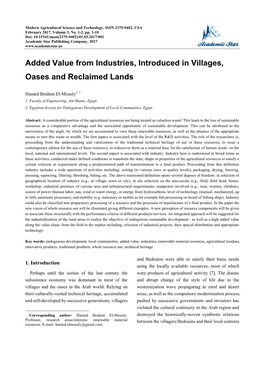 Added Value from Industries, Introduced in Villages, Oases and Reclaimed Lands