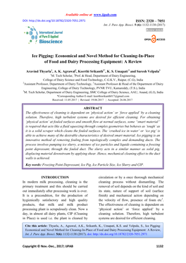 Ice Pigging: Economical and Novel Method for Cleaning-In-Place of Food and Dairy Processing Equipment: a Review