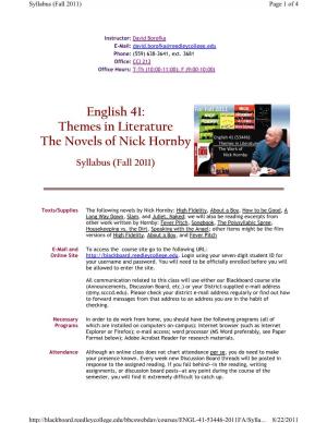 English 41: Themes in Literature the Novels of Nick Hornby