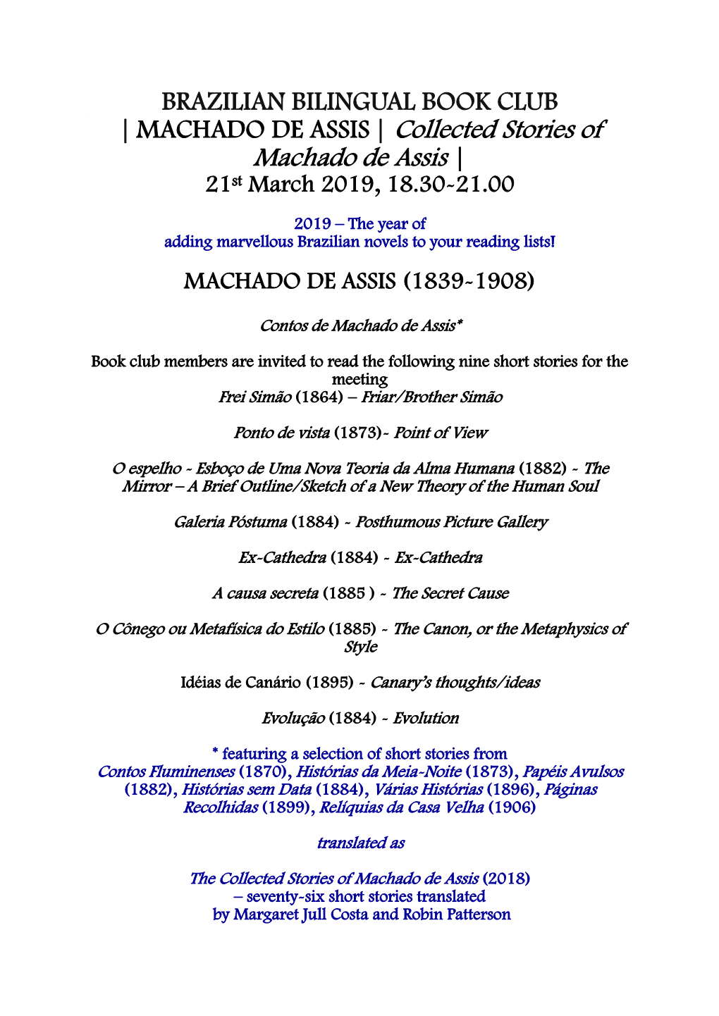 MACHADO DE ASSIS | Collected Stories of Machado De Assis | 21St March 2019, 18.30-21.00
