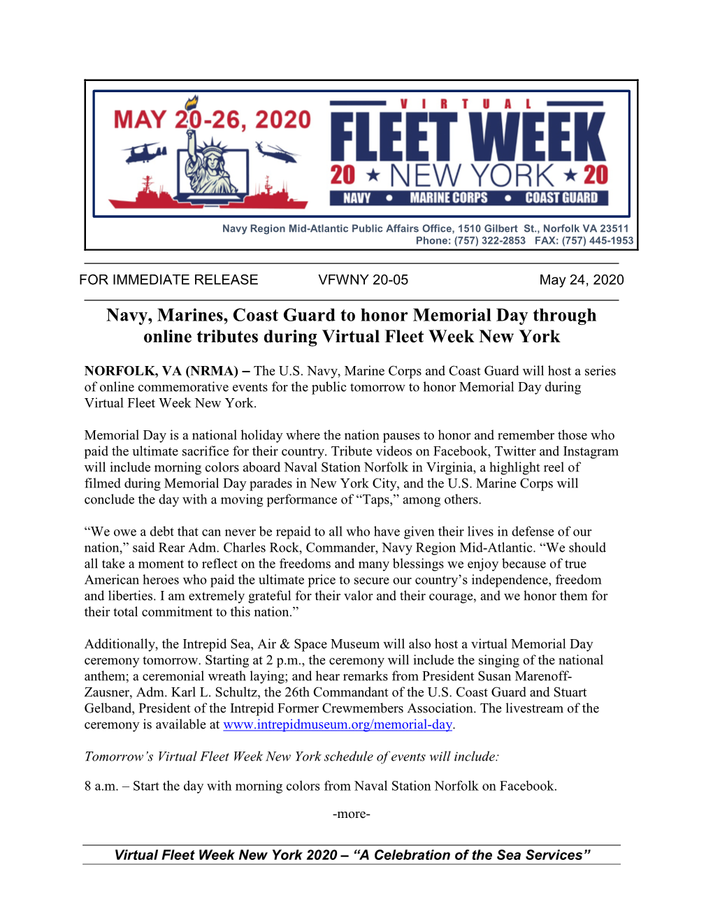 Navy, Marines, Coast Guard to Honor Memorial Day Through Online Tributes During Virtual Fleet Week New York