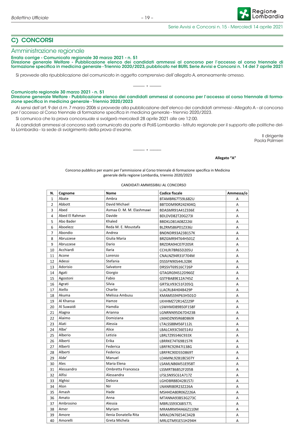 C) CONCORSI Amministrazione Regionale Errata Corrige - Comunicato Regionale 30 Marzo 2021 - N