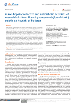 In Vivo Hepatoprotective and Antidiabetic Activities of Essential Oils from Boenninghausenia Albiflora (Hook.) Reichb