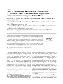 Effect of Postbreeding Intramuscular Administration of Deslorelin Acetate on Plasma LH and Progesterone Concentrations and Conception Rate in Mares