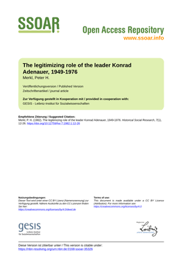 The Legitimizing Role of the Leader Konrad Adenauer, 1949-1976 Merkl, Peter H