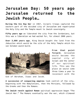 Jerusalem Day: 50 Years Ago Jerusalem Returned to the Jewish People…