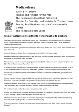 JOINT STATEMENT Premier and Minister for the Arts the Honourable Annastacia Palaszczuk Minister for Education and M