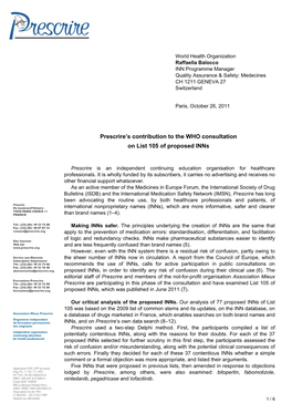 Prescrire's Contribution to the WHO Consultation on List 105 Of