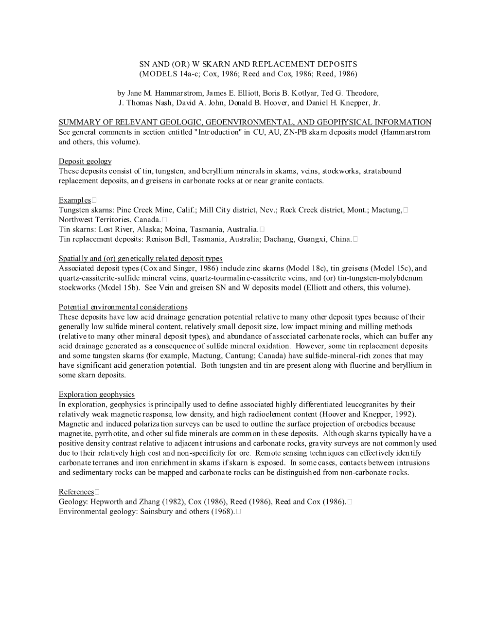 OR) W SKARN and REPLACEMENT DEPOSITS (MODELS 14A-C; Cox, 1986; Reed and Cox, 1986; Reed, 1986