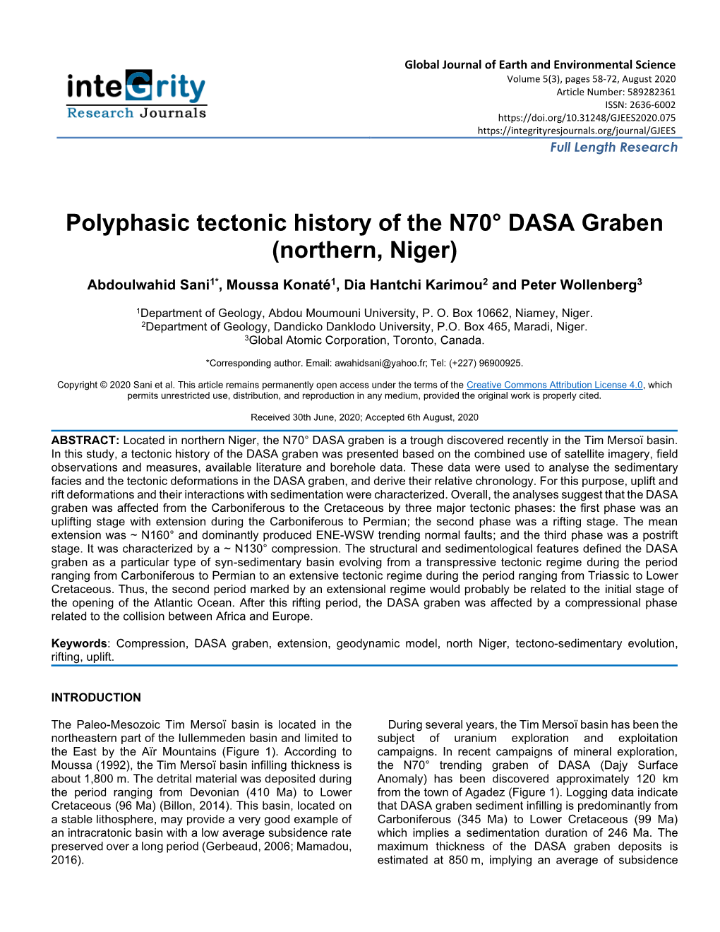 Polyphasic Tectonic History of the N70° DASA Graben (Northern, Niger)