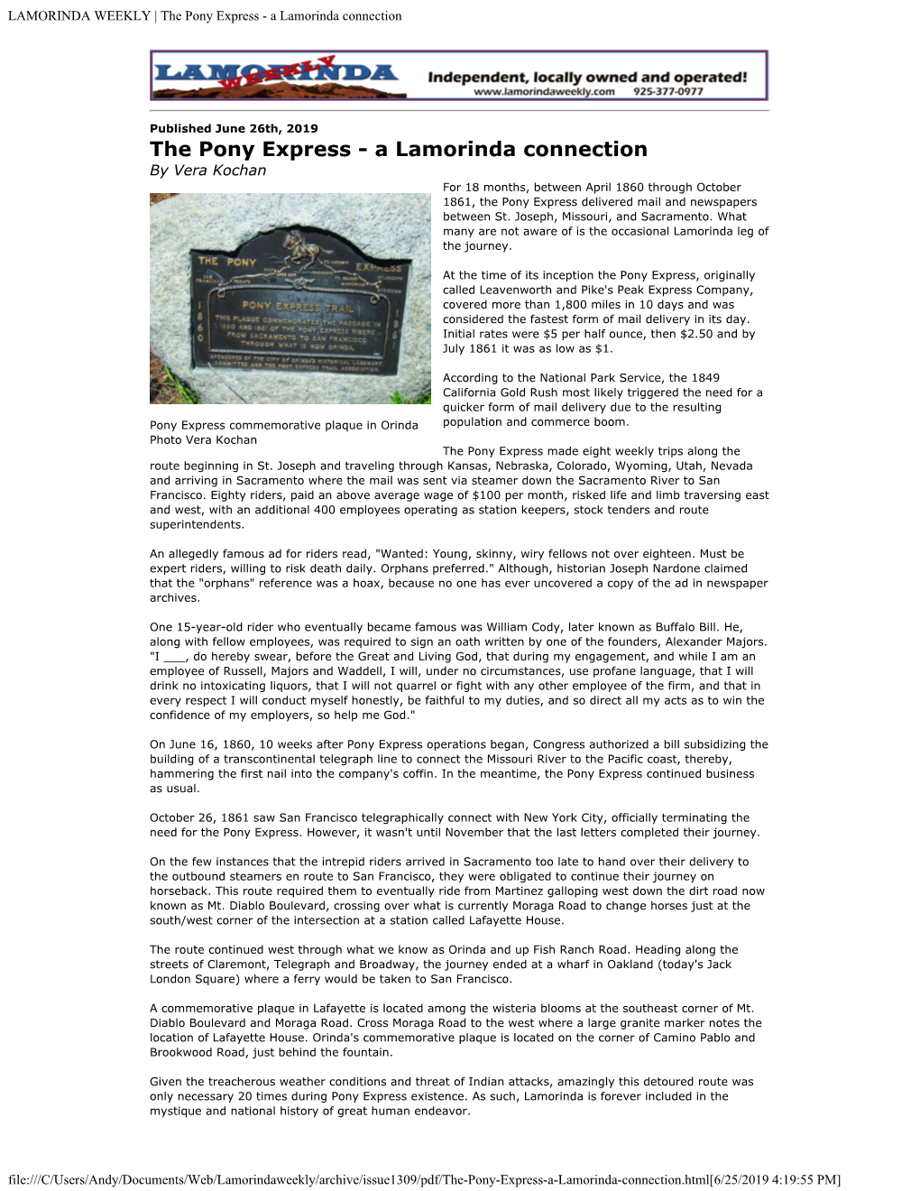 The Pony Express - a Lamorinda Connection