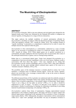 The Musicking of Electroplankton Costantino Oliva University of Malta Institute of Digital Games Msida, MSD2080 Malta Costantino.Oliva@Um.Edu.Mt