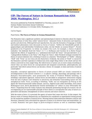 The Forces of Nature in German Romanticism (GSA 2020, Washington, D.C.)