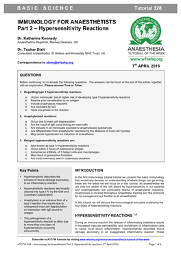 IMMUNOLOGY for ANAESTHETISTS Part 2 – Hypersensitivity Reactions