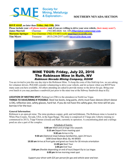 MINE TOUR: Friday, July 22, 2016 the Robinson Mine in Ruth, NV Robinson Nevada Mining Company, KGHM You Are Invited to Join This One Day Trip to the Robinson Mine