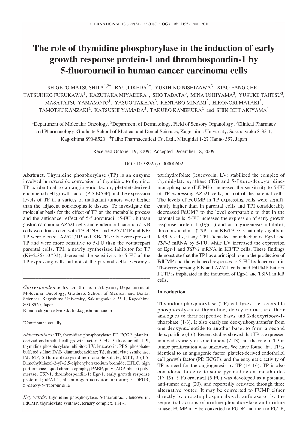 The Role of Thymidine Phosphorylase in the Induction of Early Growth Response Protein-1 and Thrombospondin-1 by 5-Fluorouracil in Human Cancer Carcinoma Cells