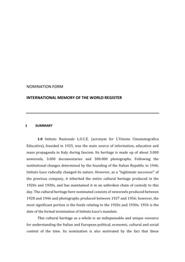 Nomination Form International Memory of the World Register