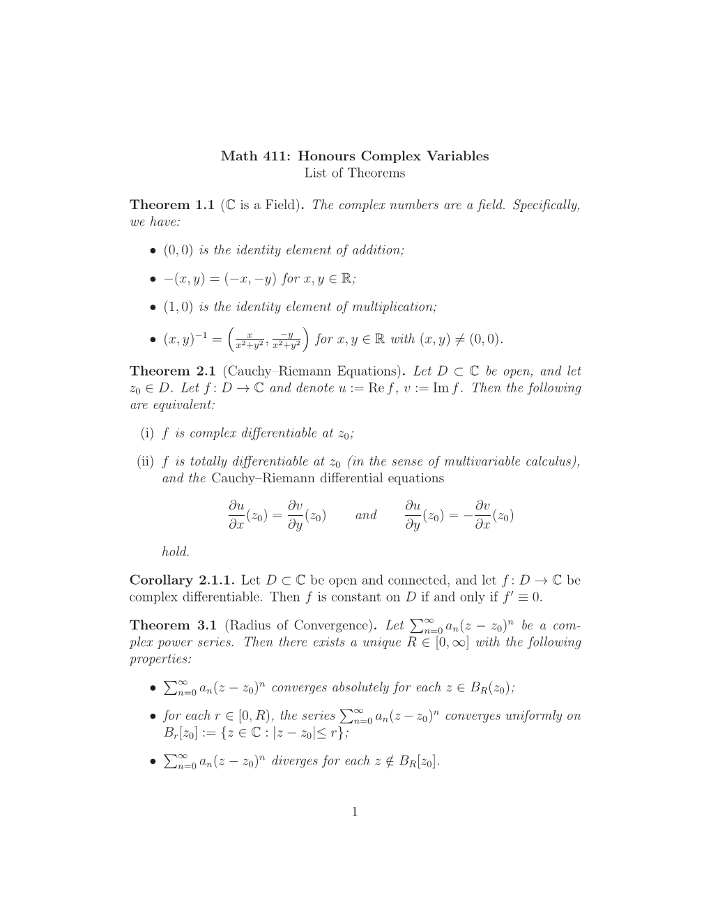 Math 411: Honours Complex Variables List of Theorems