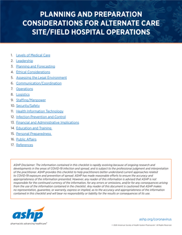 Planning and Preparation Considerations for Alternate Care Site/Field Hospital Operations