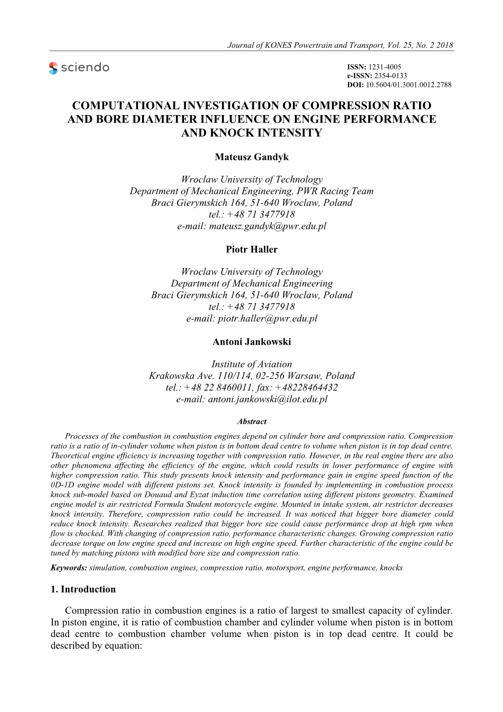 Computational Investigation of Compression Ratio and Bore Diameter Influence on Engine Performance and Knock Intensity