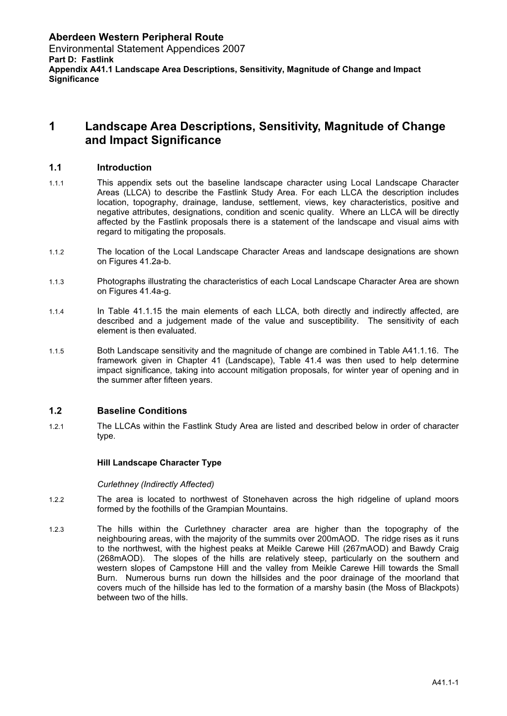 A41.1 Landscape Area Descriptions, Sensitivity, Magnitude of Change and Impact Significance