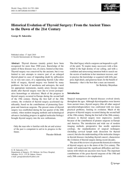 Historical Evolution of Thyroid Surgery: from the Ancient Times to the Dawn of the 21St Century