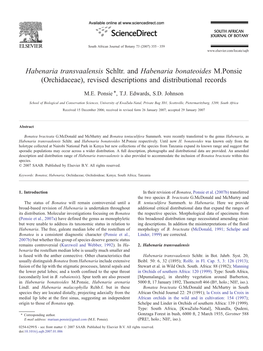 Habenaria Transvaalensis Schltr. and Habenaria Bonateoides M.Ponsie (Orchidaceae), Revised Descriptions and Distributional Records ⁎ M.E