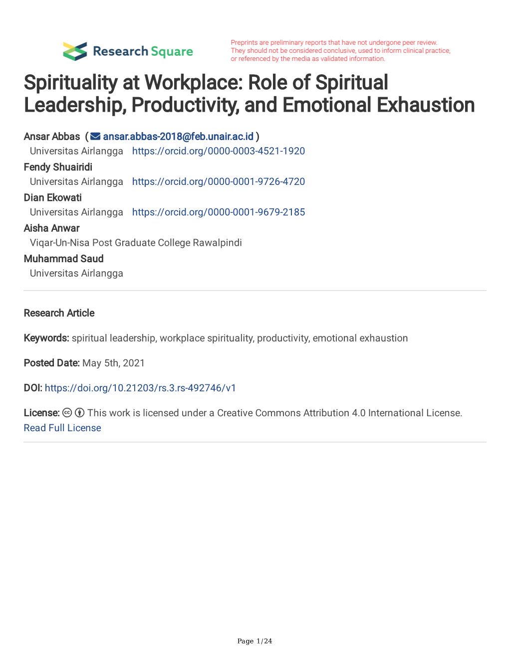 Role of Spiritual Leadership, Productivity, and Emotional Exhaustion