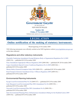 Government Gazette of the STATE of NEW SOUTH WALES Number 184 Friday, 27 November 2009 Published Under Authority by Government Advertising