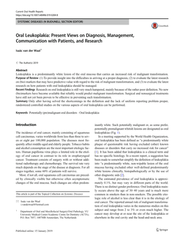 Oral Leukoplakia: Present Views on Diagnosis, Management, Communication with Patients, and Research
