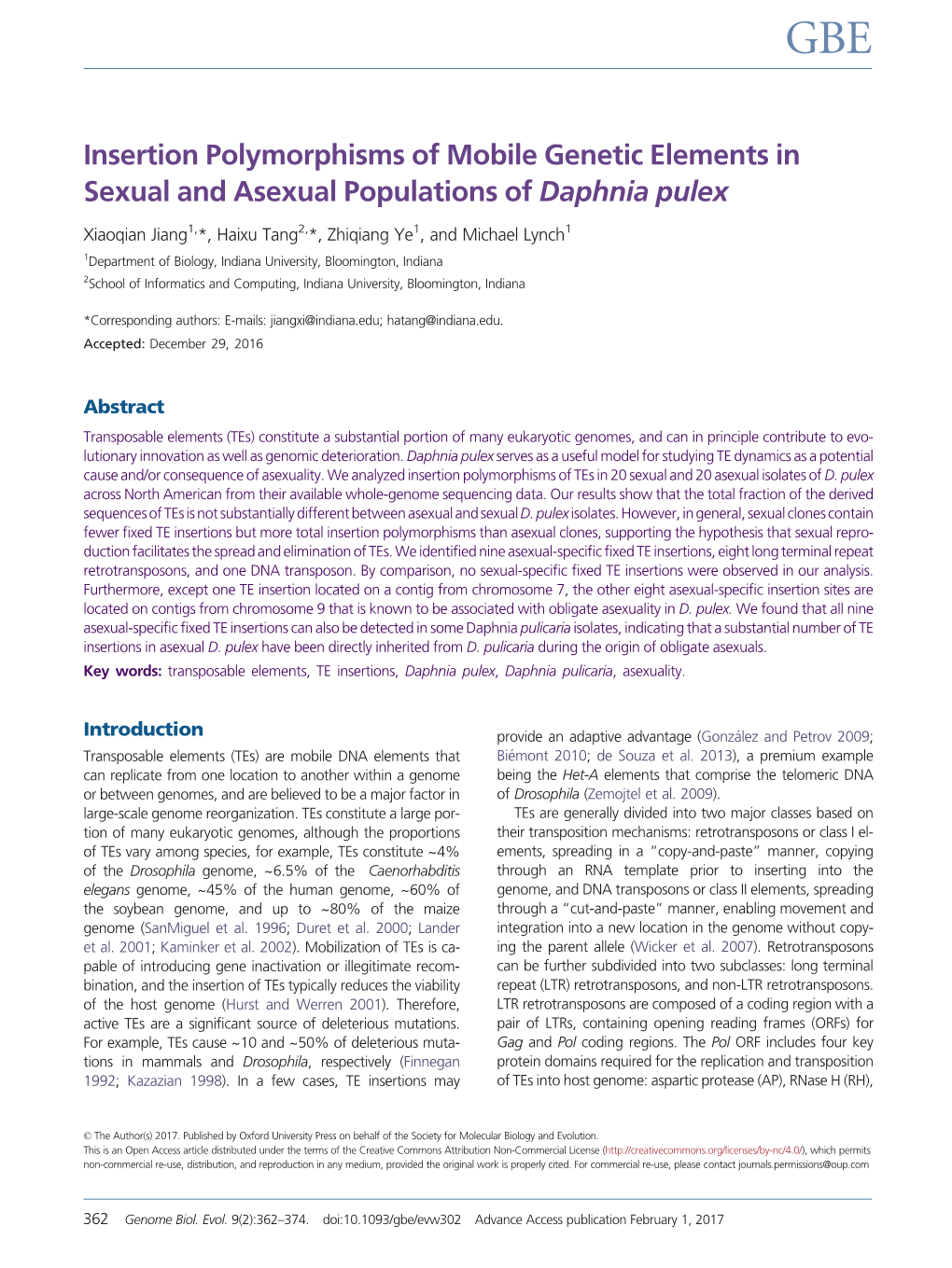 Insertion Polymorphisms of Mobile Genetic Elements in Sexual and Asexual Populations of Daphnia Pulex