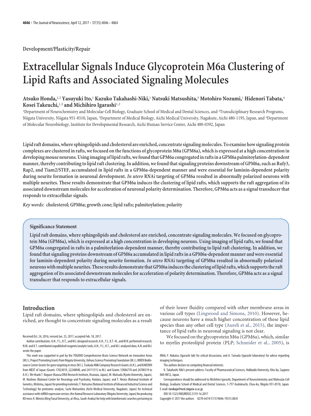 Extracellular Signals Induce Glycoprotein M6a Clustering of Lipid Rafts and Associated Signaling Molecules