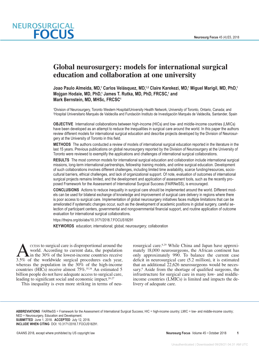Global Neurosurgery: Models for International Surgical Education and Collaboration at One University