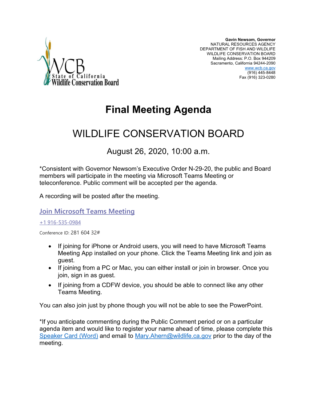 Final Agenda for August 26 WCB Board Meeting