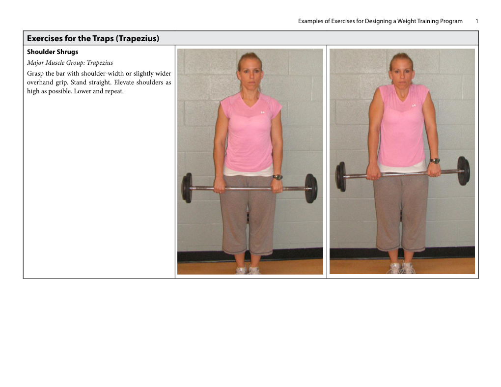 Exercises for the Traps (Trapezius) Shoulder Shrugs Major Muscle Group: Trapezius Grasp the Bar with Shoulder-Width Or Slightly Wider Overhand Grip