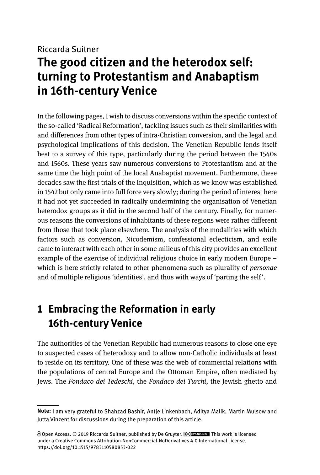 Turning to Protestantism and Anabaptism in 16Th-Century Venice