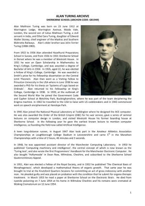 Alan Turing Archive Sherborne School (Archon Code: Gb1949)