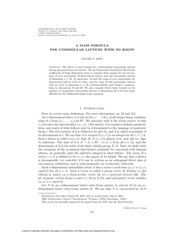 A Mass Formula for Unimodular Lattices with No Roots 841