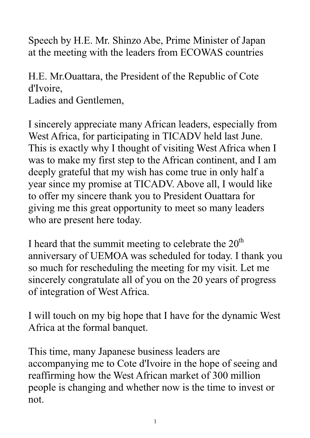 Speech by H.E. Mr. Shinzo Abe, Prime Minister of Japan at the Meeting with the Leaders from ECOWAS Countries