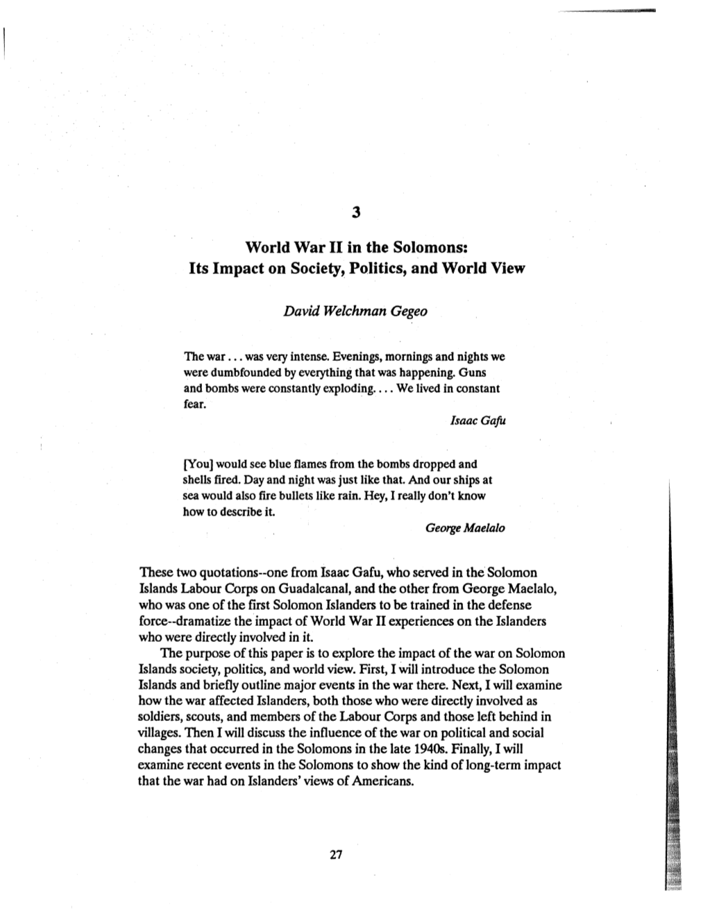 World War II in the Solomons: Its Impact on Society~ Politics, and World View