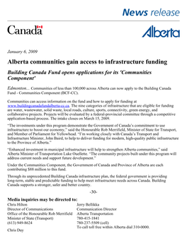 Alberta Communities Gain Access to Infrastructure Funding Building Canada Fund Opens Applications for Its 'Communities Component'