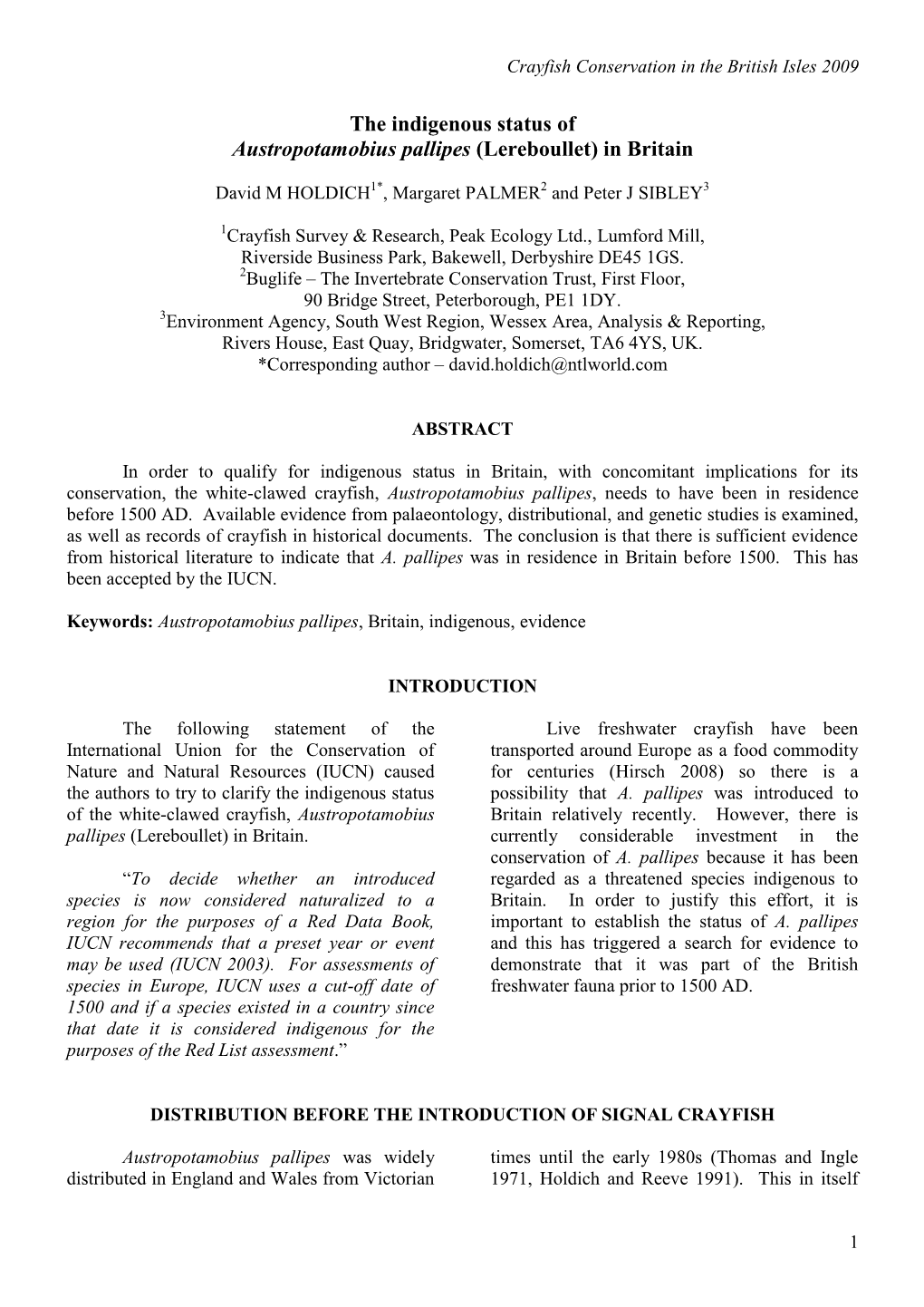 The Indigenous Status of Austropotamobius Pallipes (Lereboullet) in Britain